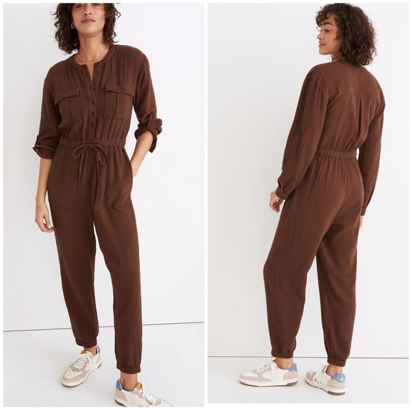 Madewell Lightspun Lightweight Gauze Tapered-Leg Jumpsuit Hot Cocoa Brown Sz 14 - Picture 1 of 9